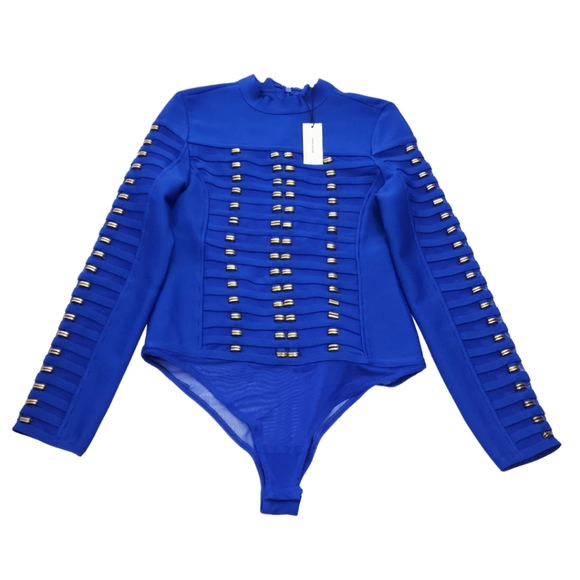 NEW Karen Millen All Over Trimmed Stretch Bandage And Mesh Bodysuit Blue Size M - Picture 3 of 11